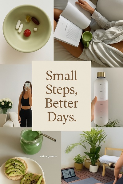 A 2_3 aspect ratio grid of lifestyle shots showing supplements, reading, fitness, and healthy food to promote a daily wellness routine.